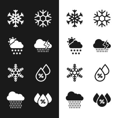Bulut 'u yağmur, şimşek, kar tanesi, kar tanesi ve su damlası ikonu ile donatın. Vektör.