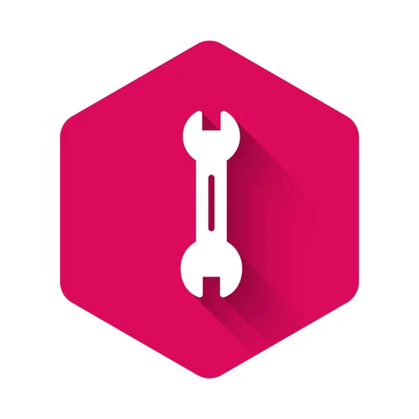 Weißes Schlüsselschlüssel Symbol Isoliert Mit Langem Schatten Pinkfarbener Sechskantknopf Vektor — Stockvektor