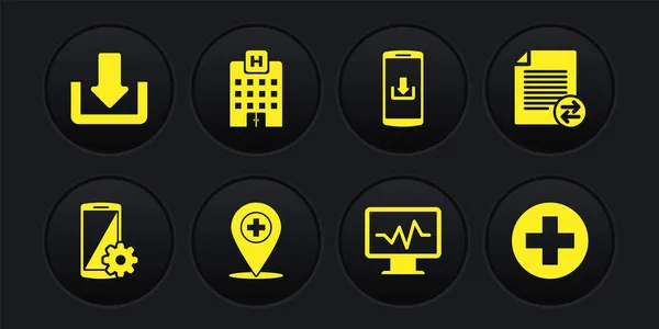 Set Instellen Smartphone Bestanden Overzetten Medische Locatie Met Cross Monitor — Stockvector