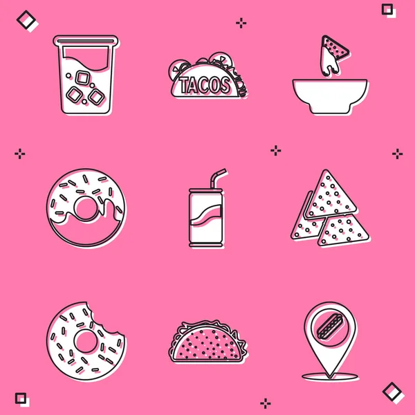 Set Verre Avec Eau Taco Tortilla Nachos Dans Plaque Donut — Image vectorielle