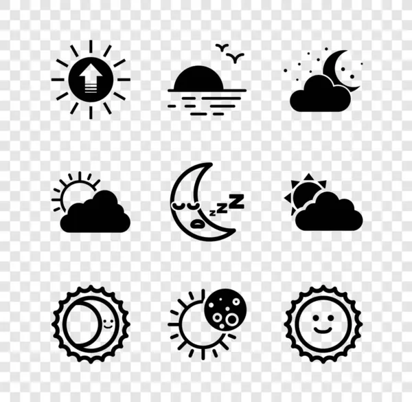 Set Sunset Cloud Moon Stars Eclipse Sun Cloud Weather Moon — Stock Vector