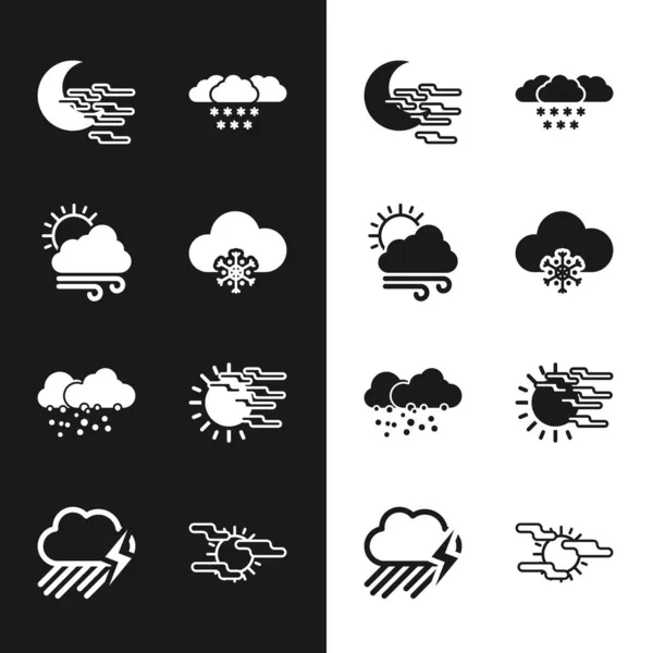 Set Cloud Snow Windy Weather Fog Moon Sun Icon Vector — Stock Vector