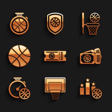 Basketbol maçı biletini basketbol ve ikonlu Sports kazananı podyum sttopwatch ile belirle. Vektör.