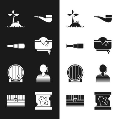 Korsan şapkalı Spyglass teleskop lenslerini okyanustaki Tropikal adaya yerleştirin Tüten boru fıçısı denizci kaptanı hazine haritası ve antik sandık simgesi. Vektör.