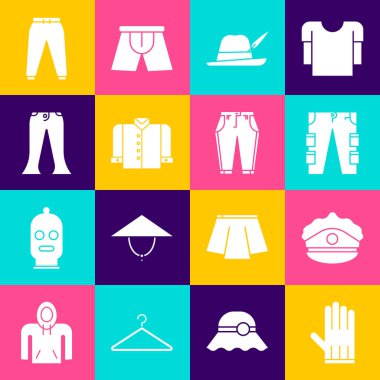 Deri eldiven polis şapkasını papağan kargo pantolonlu Oktoberfest şapka pantalon pantalon spor pantolonu ve ikon ile ayarla. Vektör.