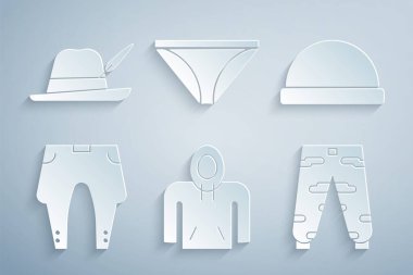 Kapüşonlu Fasulye Şapkalı Pantolon Kamuflaj Kargo Pantolonu Erkek İç Çamaşırı ve Oktoberfest ikonu. Vektör.