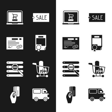 Sertifika şablonunu dizüstü bilgisayar fiyat etiketine metin Satış Arama tarayıcı penceresi ve yiyecek teslimat kamyonu aracı ve kredi kartı simgesi içeren sertifika şablonuyla ayarla. Vektör.