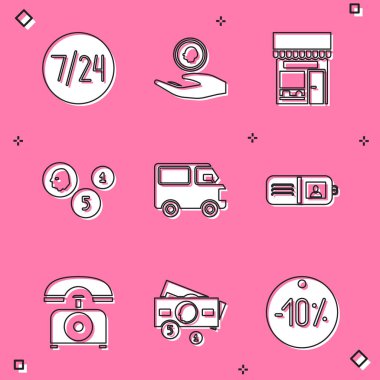 Saatin 24 saatini ayarla. El, madeni para tutuyor. Alışveriş binası ya da market madeni para teslimatı nakliye aracı Cüzdan Telefonu ve Stacks kağıt para ikonu. Vektör.