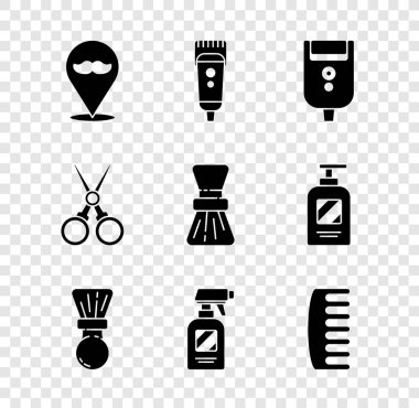 Berber dükkanına elektrikli saç makasıyla tıraş bıçağı ya da tıraş bıçağı ayarla. Saç fırçası, saç spreyi, saç fırçası, makas, kuaför ve ikon. Vektör.