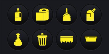 Çöp torbası şişelerini temizleme aracı çöp tenekesi süngerini köpüklü faraş tuvalet kağıdı rulo küvet ve yumuşatıcı simgesiyle hazırla. Vektör.