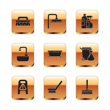 Fırça 'yı ıslak zemini temizlemek ve banyo lavabosunu su musluğu şişesi saplı süpürge ve duş başlığı ikonu ile geliştirmek için hazırlayın. Vektör.