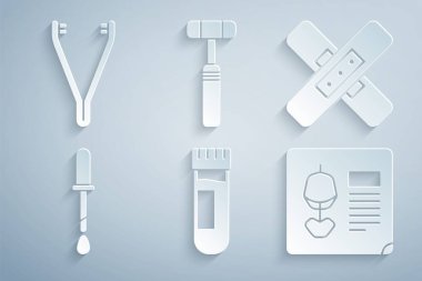 Test tüpünü kanla, bandajla, Pipette X-ray cihazıyla nöroloji refleks çekici ve tıbbi cımbız ikonuyla ayarla. Vektör.