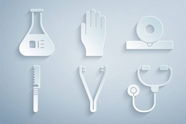 Tıbbi cımbızı ayarla. Otolaryngological baş reflektörü steteskop lastik eldiven, test tüpü ve matara ikonu. Vektör.