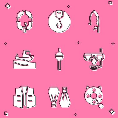 Şişme tekne oltasını su yüzgeci dalış maskesine, şnorkel ceketine ve yüzme ikonu olarak da plastik paletlere takın. Vektör.