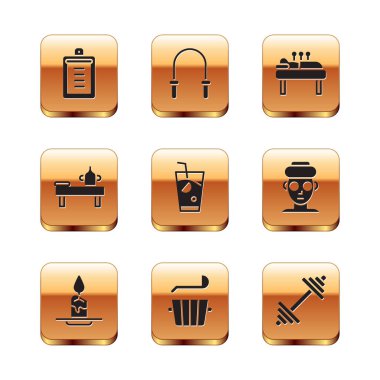 Yapılacaklar listesi, Aroma mumu, sauna kovası kepçesi, taze smoothie, masaj masası yağı, akupunktur terapisi, Dumbbell ve Jump ip ikonu. Vektör