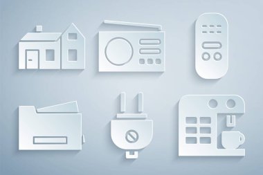 Elektrik prizi, uzaktan kumanda, yazıcı, kahve makinesi, radyo ve ev simgesi ayarla. Vektör