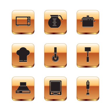 Mikrodalga fırın, mutfak vantilatörü, elektronik pullar, pizza bıçağı, şef şapkası, pişirme kabı, blender ve kahve ikonu. Vektör