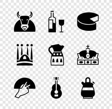 Set Bull, cam, peynir, yelpaze flamenko, İspanyol gitarı, Sangria sürahi, Sagrada Familia ve ikon. Vektör