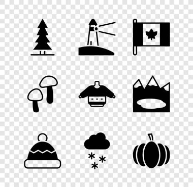 Kanada ladini, deniz feneri, Kanada bayrağı, Beanie şapkası, karlı bulut, balkabağı, mantar ve Noel süveteri ikonu. Vektör