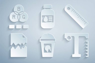 Kahve fincanını paket yap, cetvel, yırtık döküman, metin, yazıcı mürekkebi şişesi ve RGB renk karıştırma simgesi. Vektör