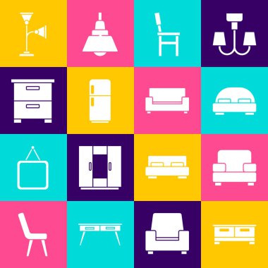 Çekmeceler, Kol Sandalyesi, Büyük yatak, Sandalye, Buzdolabı, Mobilya sehpası, Yer lambası ve Koltuk ikonu. Vektör