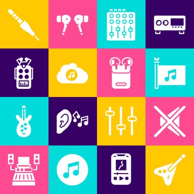 Elektro bas gitar, hoparlör, müzik festivali bayrağı, ses karıştırıcı denetleyici, yayın servisi, mikrofon, ses sistemi ve hava kulaklığı kutusu simgesi. Vektör