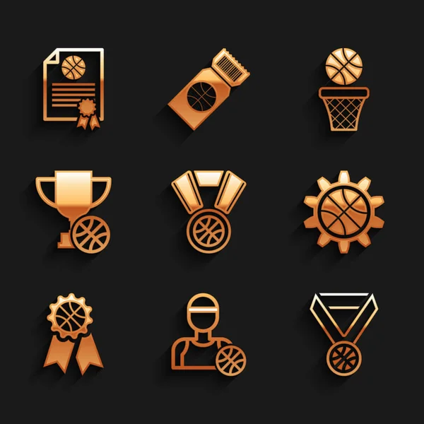 Basketbol madalyalı oyuncu, strateji planlaması konsepti ödül kupasını basketbol ve sertifika ikonu ile ayarla. Vektör.