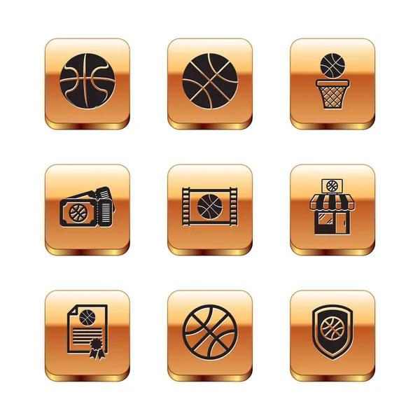 Basketbol topu sertifikalı basketbol ödüllü oyun kuponu ve Shield 'i ikona koy. Vektör.