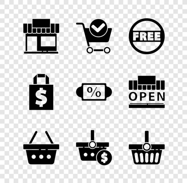 Установите корзину или корзину магазина с галочкой Цена бесплатная корзина и доллар сумка и иконка Скидка процентов. Вектор.