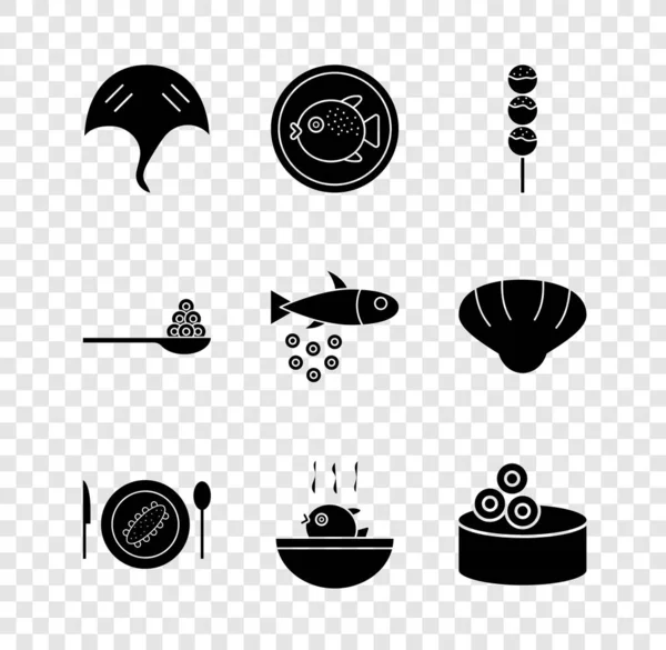 Set Stingray Puffer Fish Plate Takoyaki Stick Concombre Servi Soupe — Image vectorielle