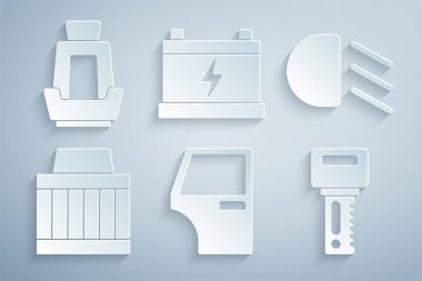 Araba kapısı, yüksek ışın, hava filtresi, uzaktan kumandalı anahtar, pil ve koltuk simgesi. Vektör