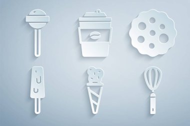 Dondurmayı waffle külahına, kurabiyeye, mutfak çırpıcısına, kahve fincanına ve lolipop ikonuna koyun. Vektör