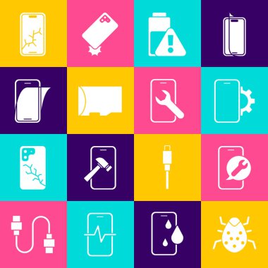 Sistem hatasını, cep telefonu servisini, telefon onarımını, akıllı telefon şarjını, Micro SD hafıza kartını, cam ekran koruyucusunu, kırık ve simgeli ayarla. Vektör