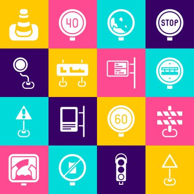 Üçgen uyarısını boş bırak, bariyer, demiryolu geçişi, kaya düşüşü, trafik işareti, trafik konisi ve Ublic ulaşım panosu simgesi. Vektör