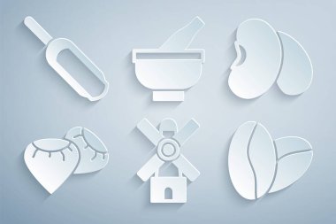 Yel değirmeni, fasulye, tohum, kahve çekirdekleri, havan topu ve kepçe un ikonu. Vektör