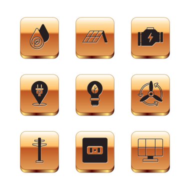 Su enerjisini ayarla, elektrik kulesi, elektrik prizi, yapraklı ampul, fiş, motor kontrolü, güneş paneli ve simge. Vektör