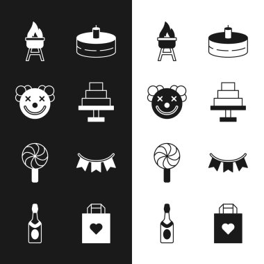 Pasta, palyaço kafası, barbekü ızgarası, yanan mumlar, lolipop, karnaval bayrakları, alışveriş torbası kalbi ve şampanya şişesi ikonu. Vektör