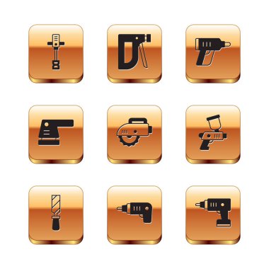 Elektrikli el beton karıştırıcı, Rasp metal dosya, kablosuz tornavida, dairesel testere, zımba ve inşaat zımbası ikonu. Vektör