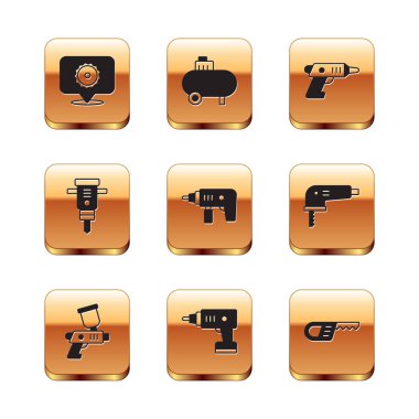 Dairesel testere bıçağı, boya spreyi, elektrikli kablosuz tornavida, matkap, inşaat matkabı, karşılama ve hava kompresörü ikonu. Vektör