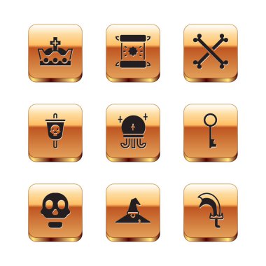 Kral tacı, Kafatası, Cadı şapkası, Sihirli top, Korsan bayrağı, Çapraz insan kemikleri oyun ve kararname için kılıç, parşömen, parşömen simgesi. Vektör