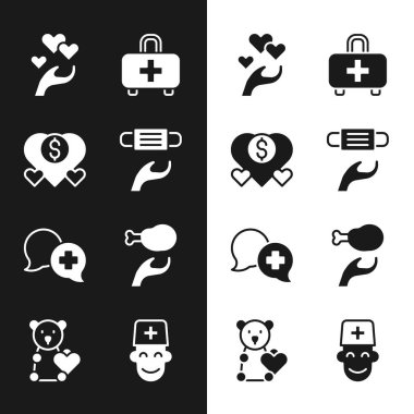 Tıbbi koruyucu maske, bağış ve hayırseverlik, kalp, ilk yardım çantası, doktorla diyalog, yemek, erkek ve bağış çocuk oyuncakları ikonu. Vektör