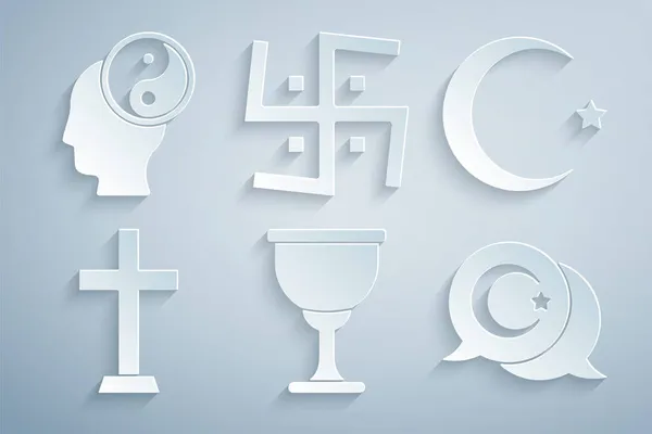 Set Saint Graal Calice Étoile Croissant Croix Chrétienne Swastika Hindou — Image vectorielle