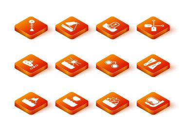 Yüzme ikonu olarak Iceberg, Sun, Submarine, Lighthouse, Batan yolcu gemisi, Dürbün, Dalış maskesi ve şnorkel ve Flippers 'ı ayarla. Vektör