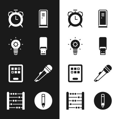 USB flaş bellek, ampul, alarm saati, dolap ya da soyunma odası, grafik tableti, mikrofon, kalem ve abaküs simgesini ayarla. Vektör