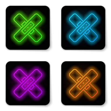 Parlayan neon çizgisi beyaz arka planda izole edilmiş bandaj alçı ikonu. Tıbbi alçı, yapıştırıcı bandaj, esnek kumaş bandajı. Siyah kare düğme. Vektör İllüstrasyonu.