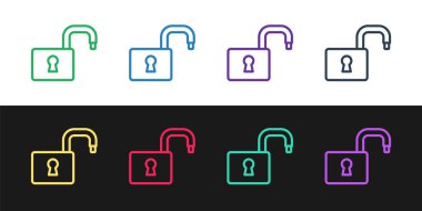 Açık asma kilit simgesini siyah ve beyaz arkaplanda izole et. Kilit açık işareti. Siber güvenlik kavramı. Dijital veri koruması. Vektör.