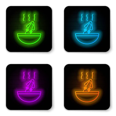 Beyaz arka planda izole edilmiş ahtapot simgesiyle parlayan neon hattı çorbası. Siyah kare düğme. Vektör..