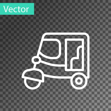 Beyaz çizgi taksi tuk tuk simgesi şeffaf arkaplanda izole edildi. Hint oto çekçek konsepti. Delhi otomobili. Vektör.