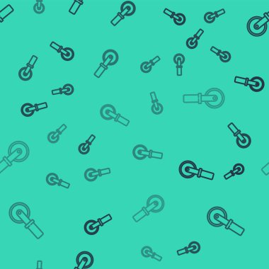 Siyah çizgi pizza bıçak ikonu yeşil arka planda kusursuz desen izole etti. Pizza kesme tabelası. Çelik mutfak gereçleri. Vektör.