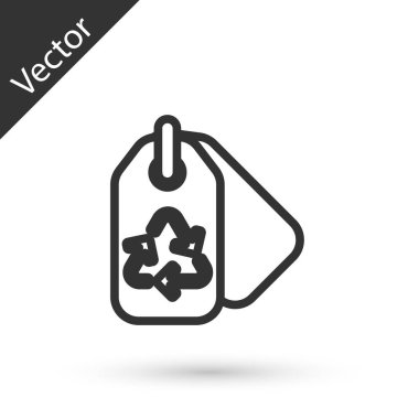 Geri dönüşüm sembollü gri çizgi etiketi beyaz arkaplanda izole edilmiş. Pankart, etiket, etiket, logo, çevre yeşili etiketi. Vektör.